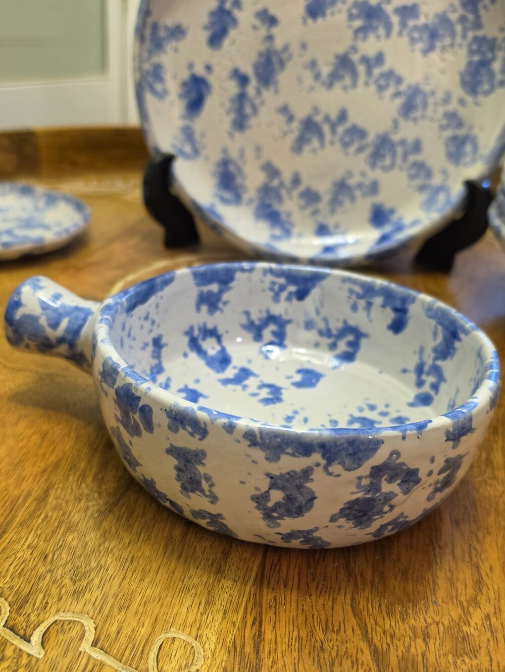 Vintage Bybee Pottery Blue Spongeware Handled Ceramic Soup Bowl Crocks